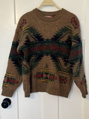 Skjaeveland Norway Vintage Wool Alpaca Crew Neck Sweater Brown Aztec Medium